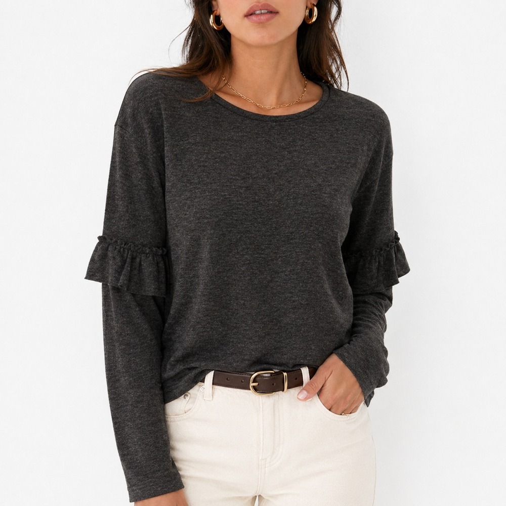NWT Philosophy‎ Pullover Sweater Women's Medium Charcoal Heather Ruffle Sleeve